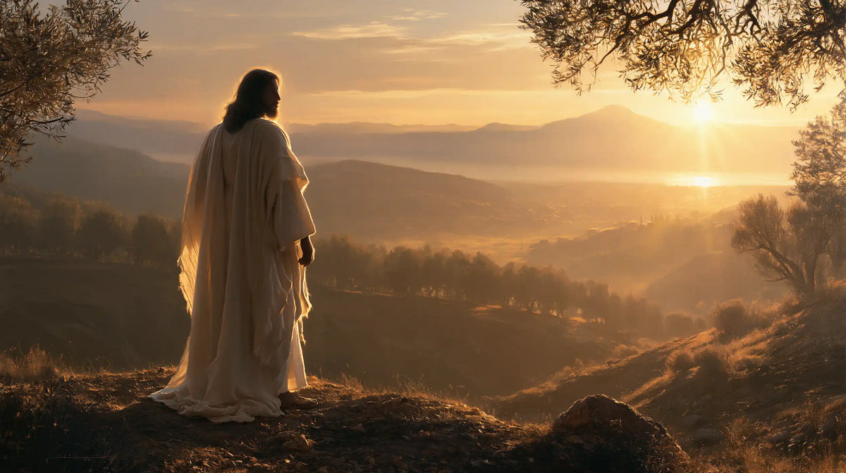 Jesus walking through a peaceful hillside landscape at sunset in Sacred Silence style