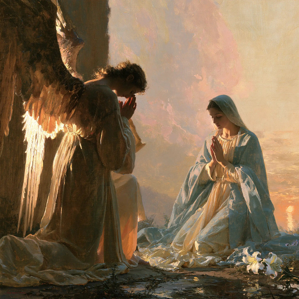 the Annunciation at dawn in The Annunciation at Dawn style, square Christian artwork no. 9