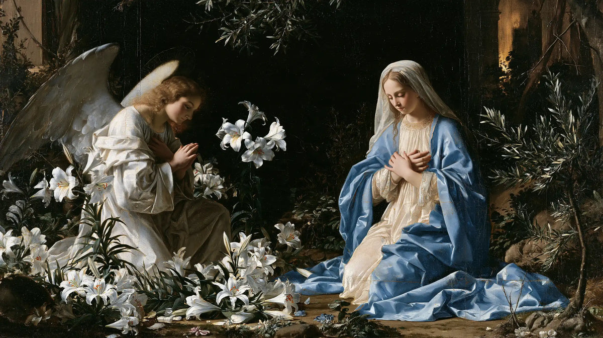 the Annunciation in a garden in The Annunciation in the Garden style, landscape Christian artwork no. 18