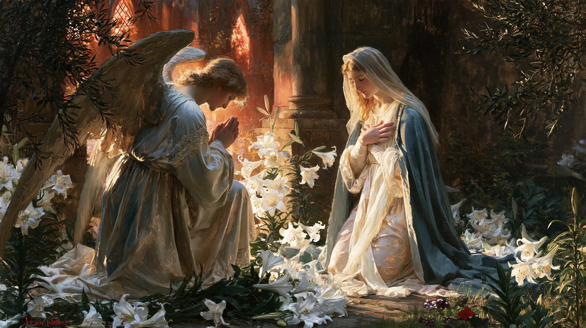 the Annunciation in a garden in The Annunciation in the Garden style, landscape Christian artwork no. 19