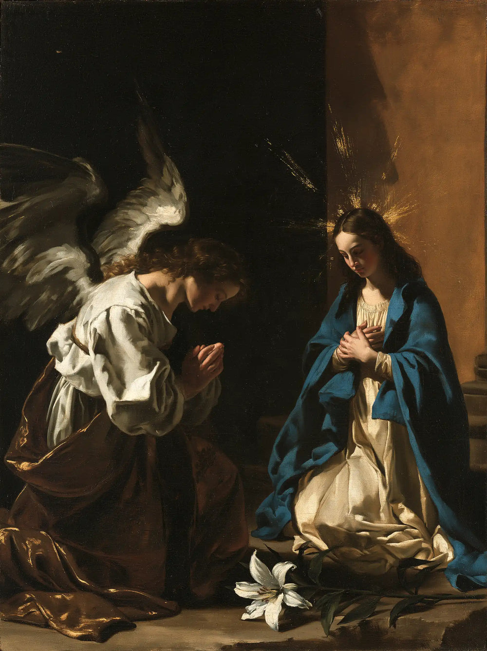 the Annunciation in black and gold in Black and Gold style, portrait Christian artwork no. 15