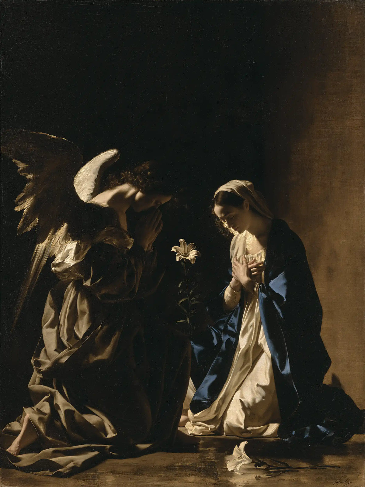 the Annunciation in black and gold in Black and Gold style, portrait Christian artwork no. 18