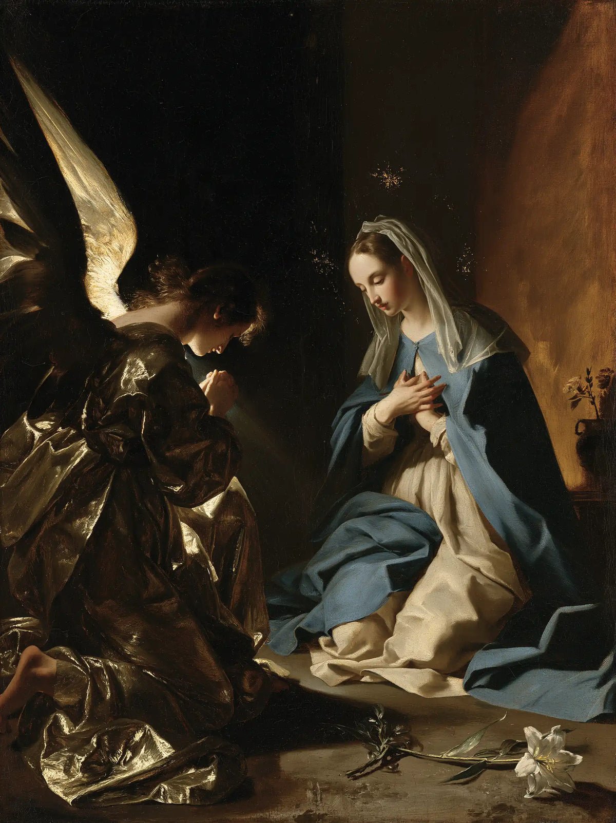 the Annunciation in black and gold in Black and Gold style, portrait Christian artwork no. 19