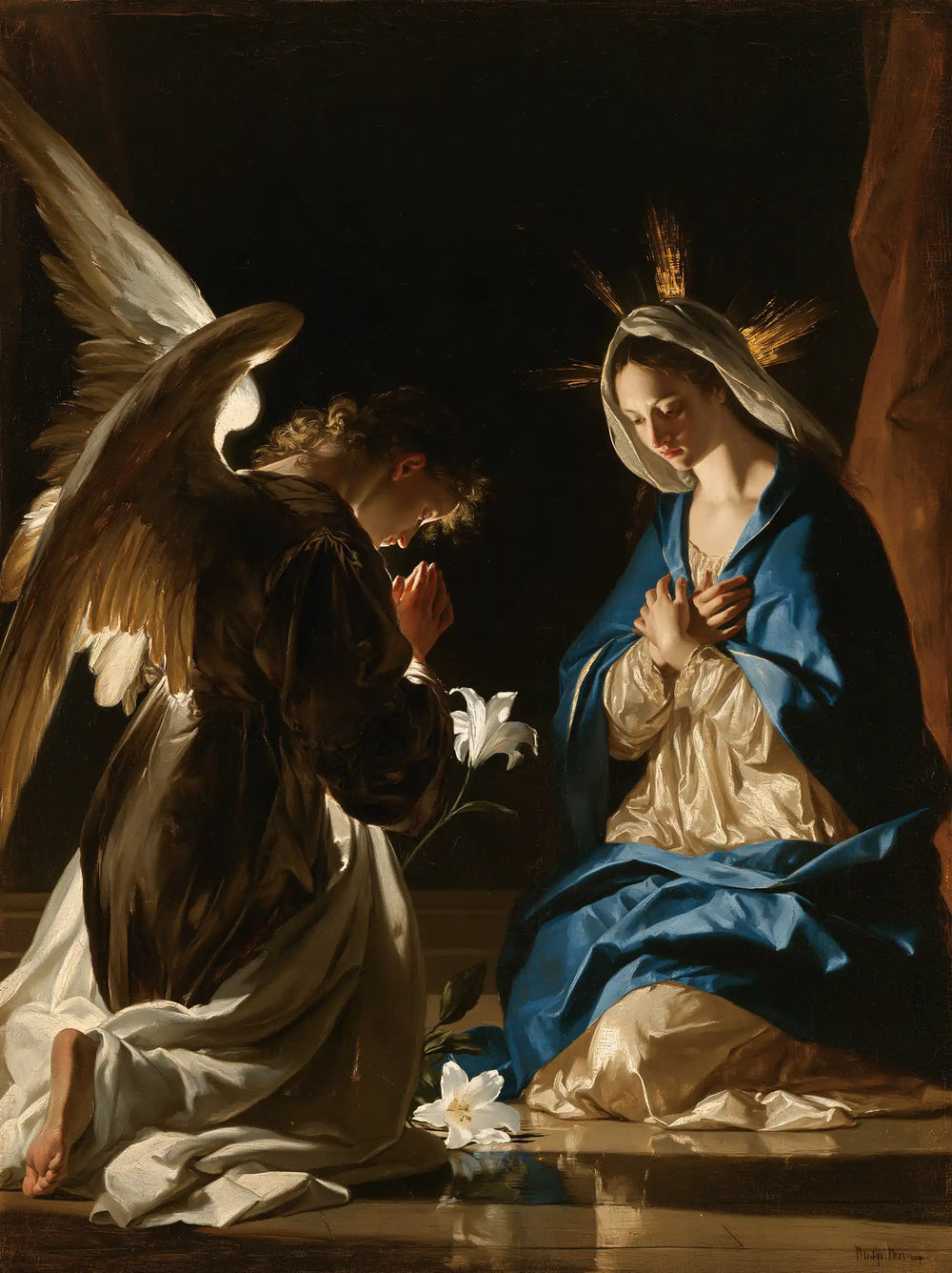 the Annunciation in black and gold in Black and Gold style, portrait Christian artwork no. 20