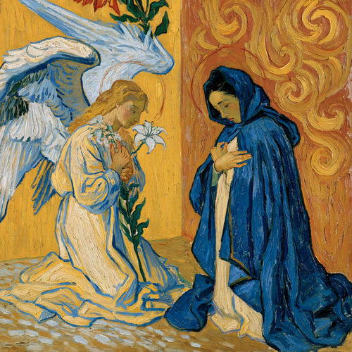 Gabriel bowing beside a lily before Mary and crimson scrollwork in a Post-Impressionist Annunciation