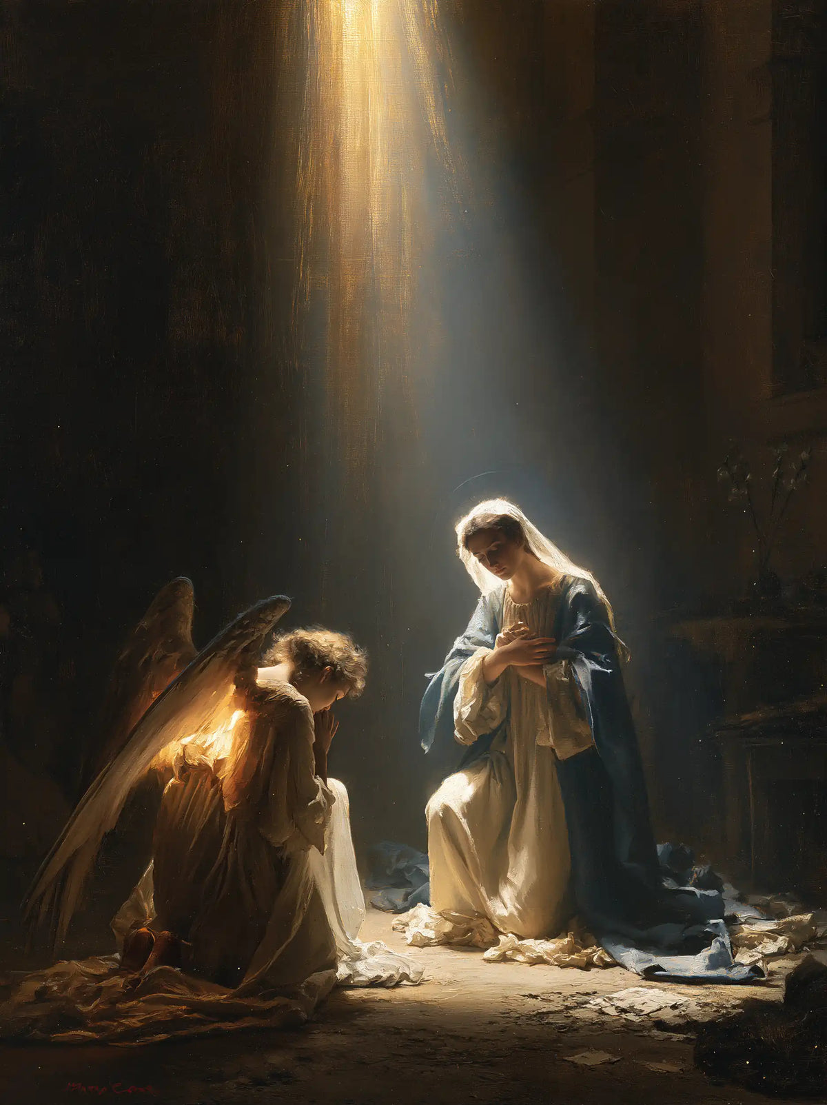 divine light descending upon Mary at the Annunciation in Divine Light Descending upon Mary style, portrait Christian artwork no. 21