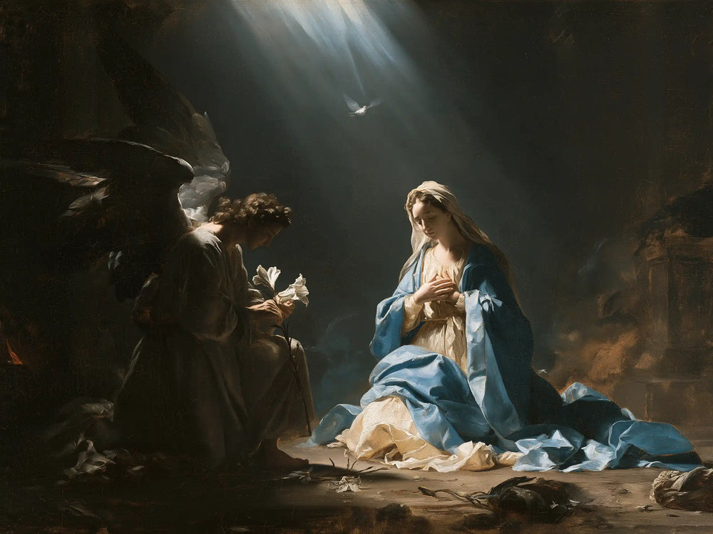 the Annunciation with the Holy Spirit in The Holy Spirit style, landscape Christian artwork no. 6
