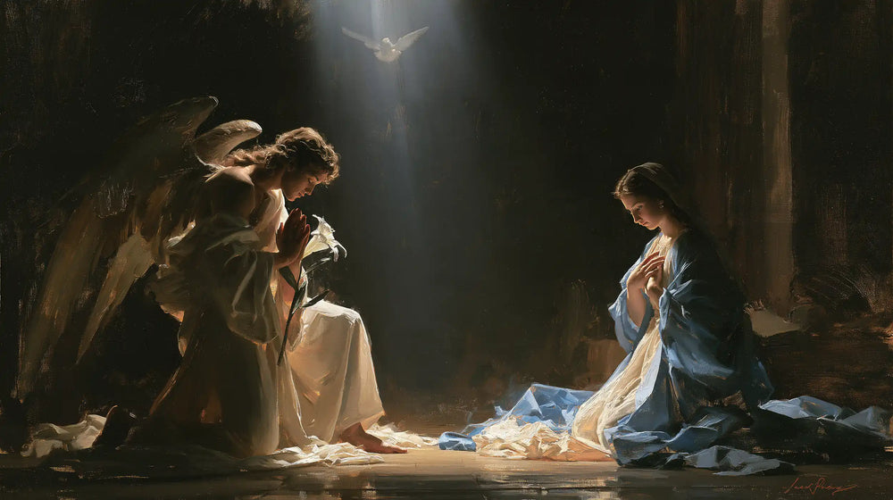 the Annunciation with the Holy Spirit in The Holy Spirit style, landscape Christian artwork no. 15