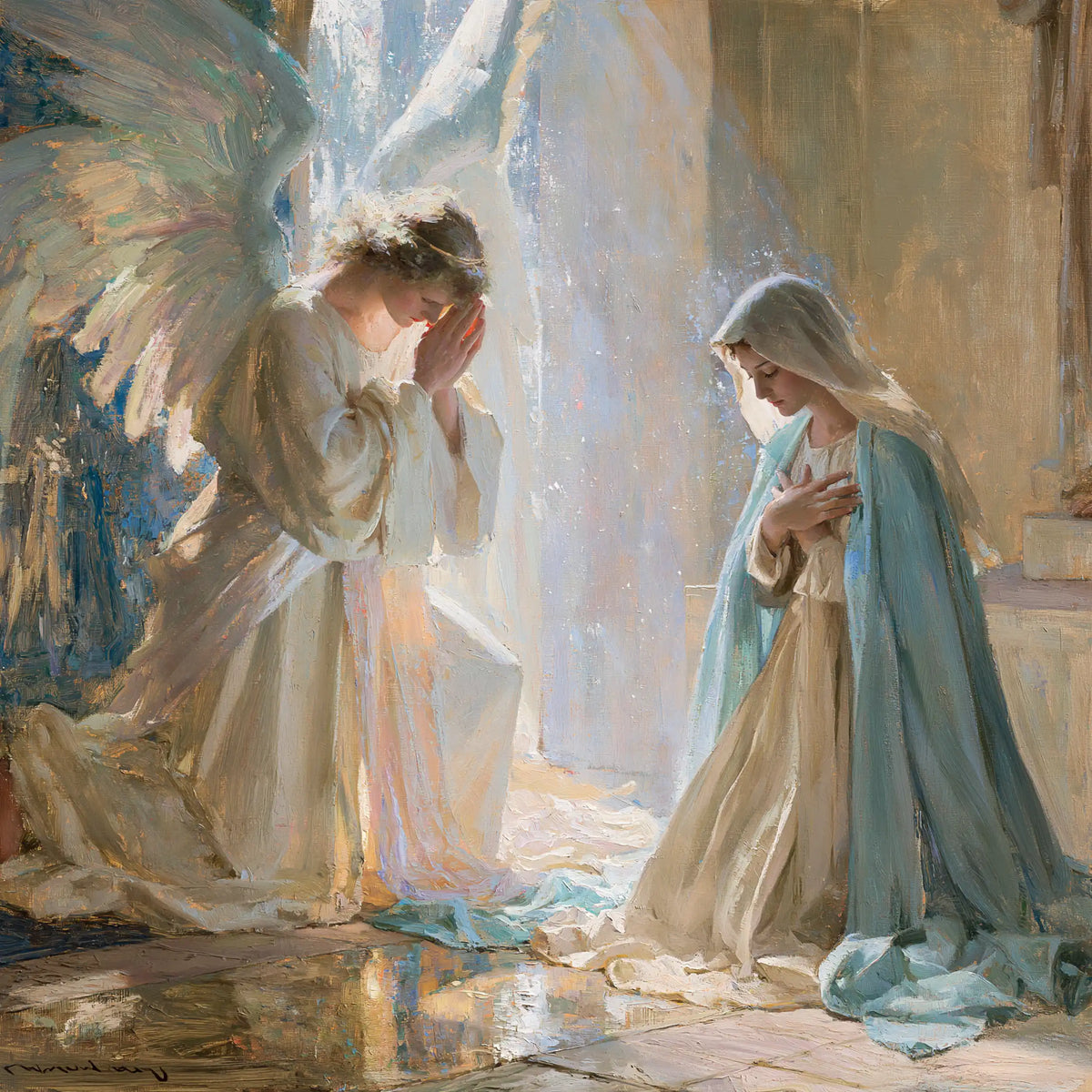 the Annunciation in an impressionist atmosphere in Impressionist style, square Christian artwork no. 9