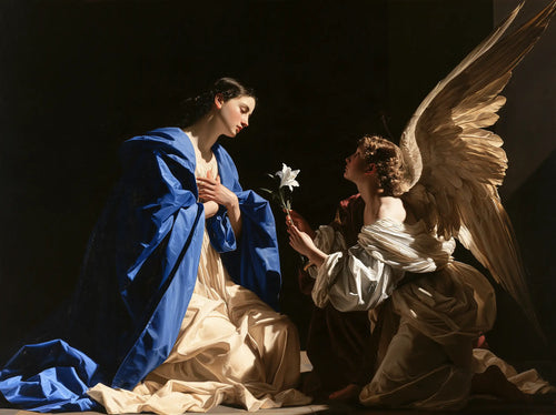 Mary and kneeling Gabriel joined by a low beam of light and a white lily in a wide tenebrist Annunciation · landscape format