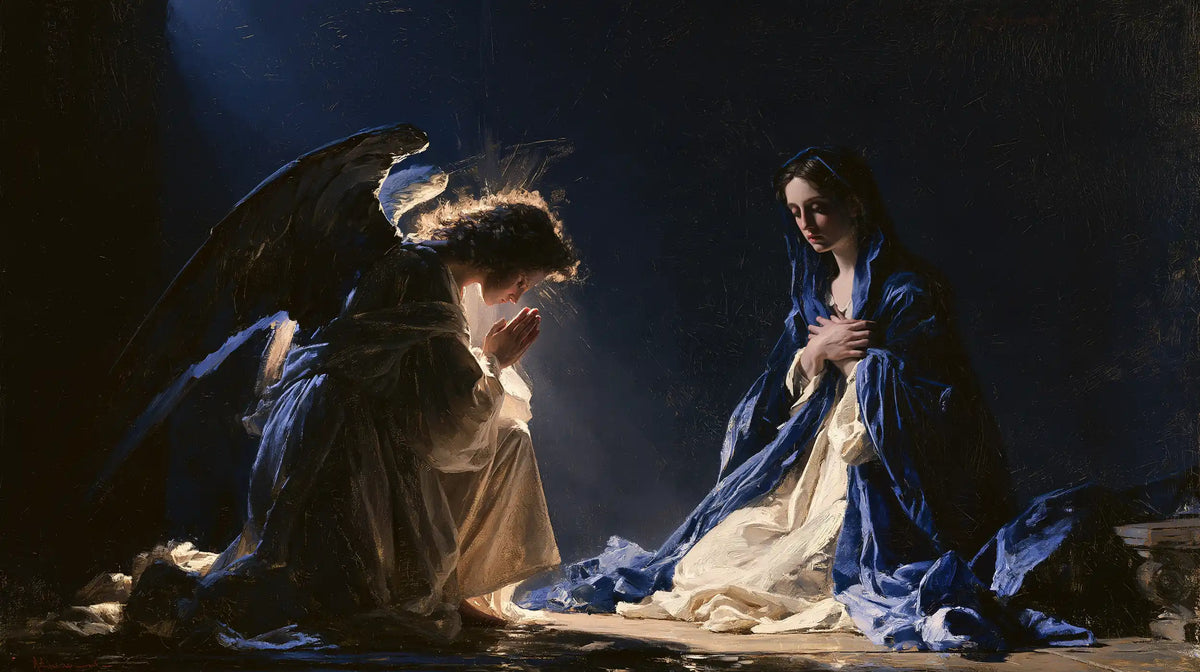the Annunciation in midnight-blue chiaroscuro in Midnight Blue Chiaroscuro style, landscape Christian artwork no. 18