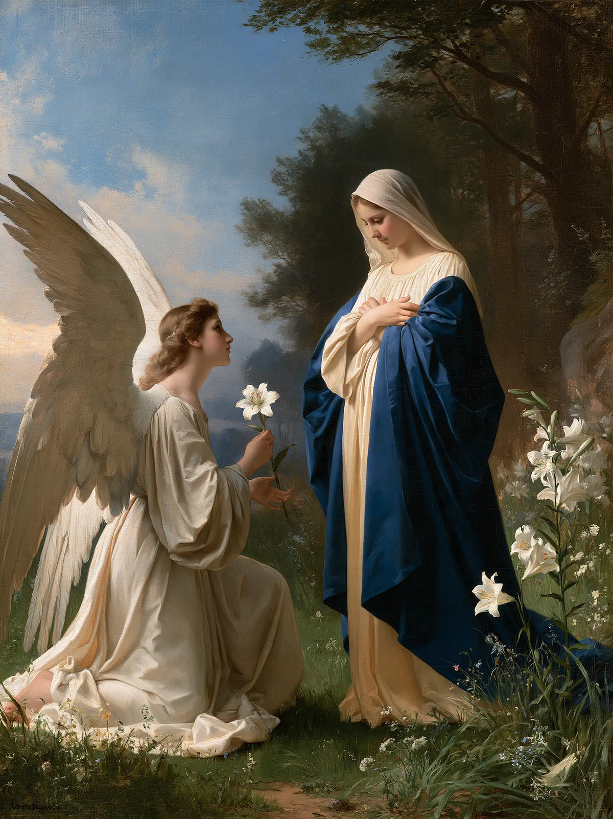 The Annunciation beside the Mountain Pines – Bouguereau-Inspired Academic Art · Portrait