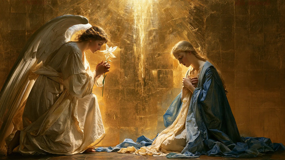 the Annunciation in sacred golden light in Sacred Gold style, landscape Christian artwork no. 16