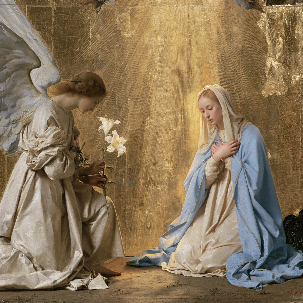 the Annunciation in sacred golden light in Sacred Gold style, square Christian artwork no. 7