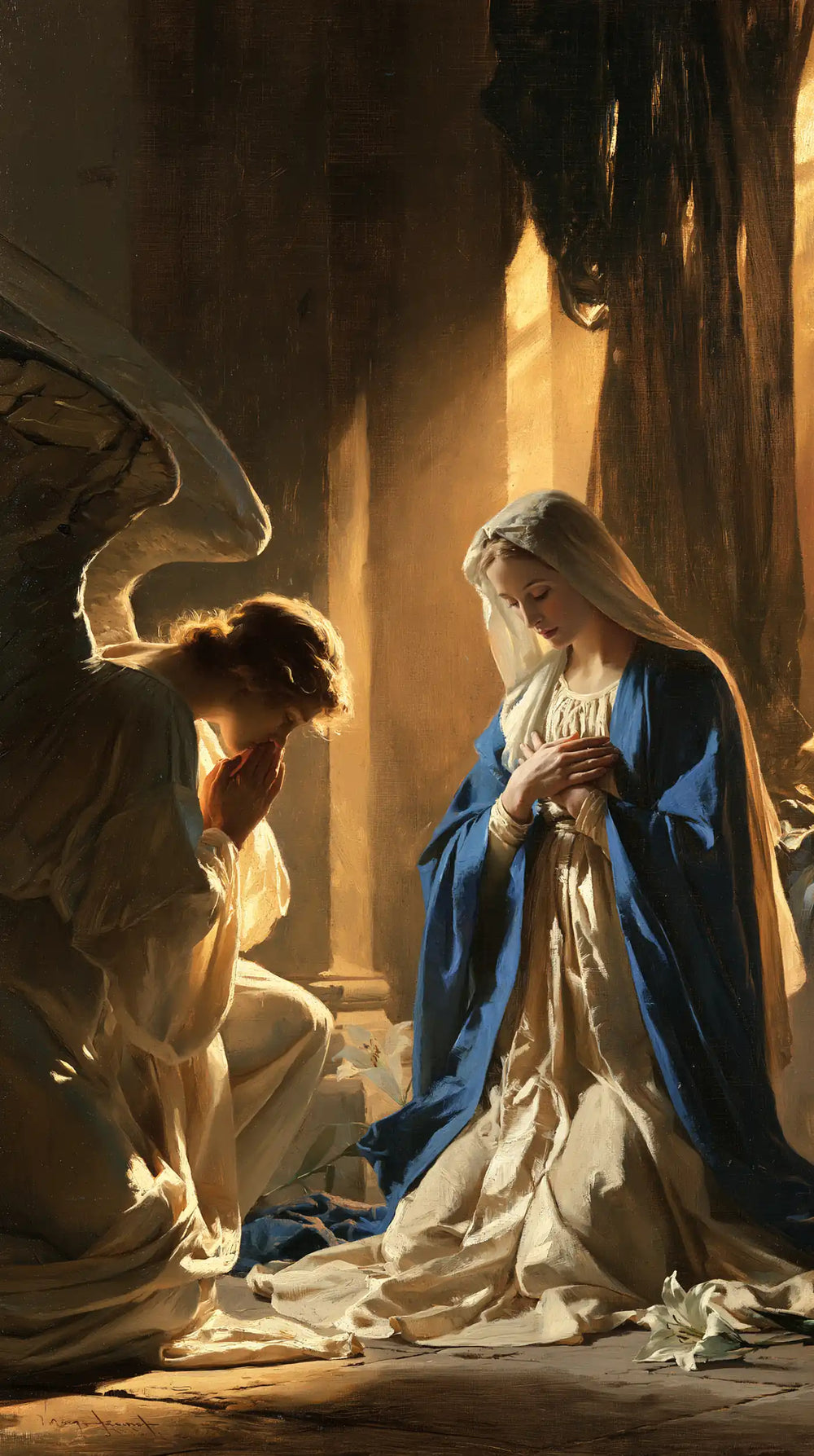 Mary in contemplative silence at the Annunciation in The Silence of Mary style, portrait Christian artwork no. 6