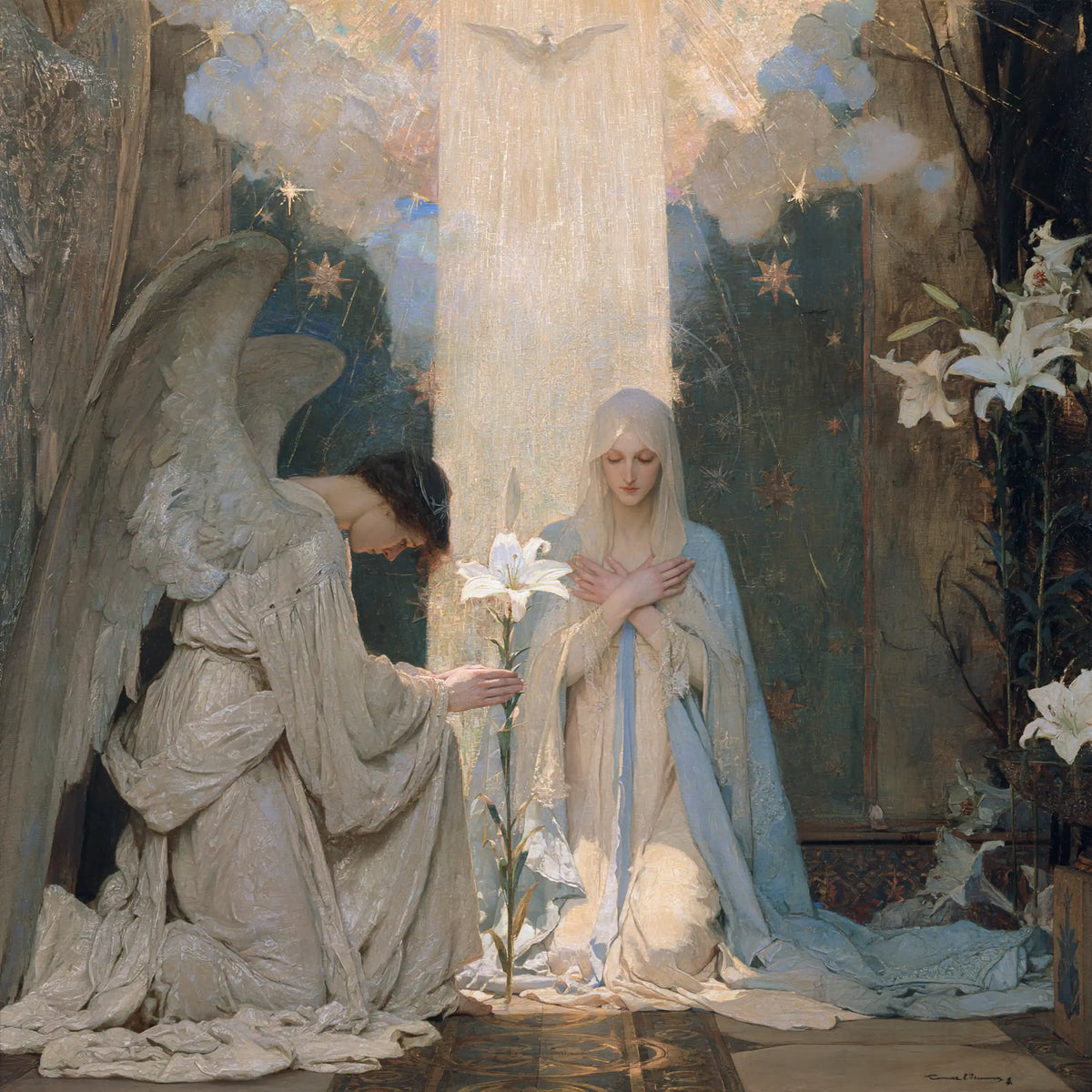 the Annunciation in a symbolist composition in Symbolist style, square Christian artwork no. 11