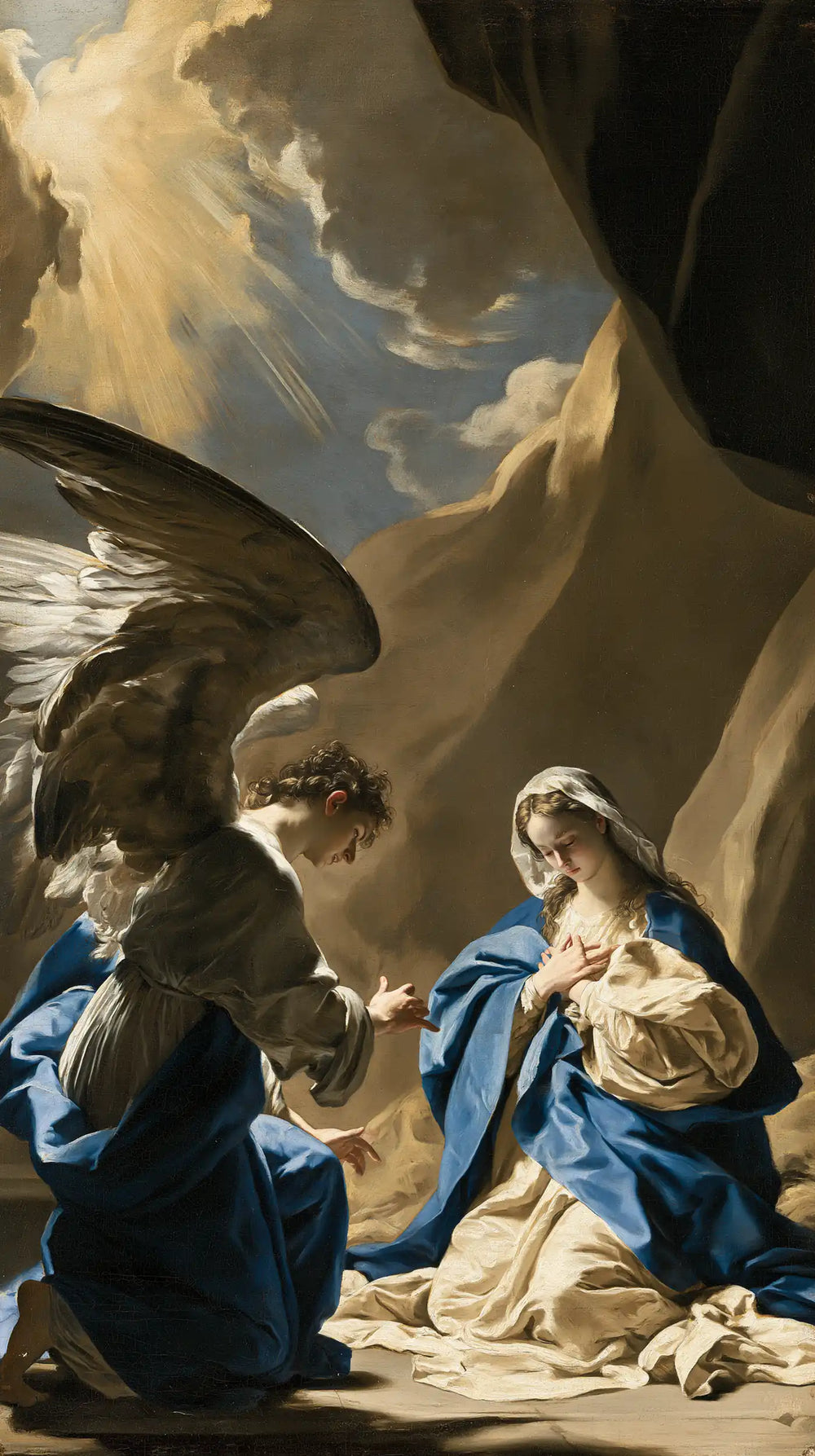the Annunciation in a theatrical Baroque scene in Theatrical Baroque style, portrait Christian artwork no. 2