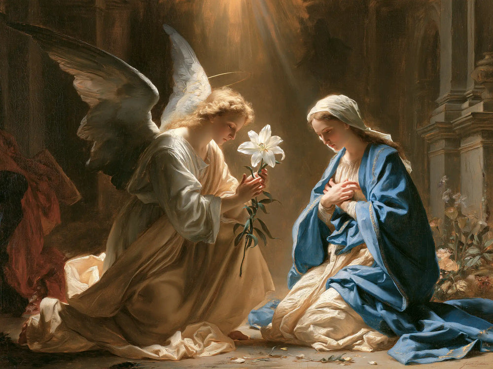 the Annunciation with the white lily as a central symbol in The White Lily as Symbol style, landscape Christian artwork no. 4