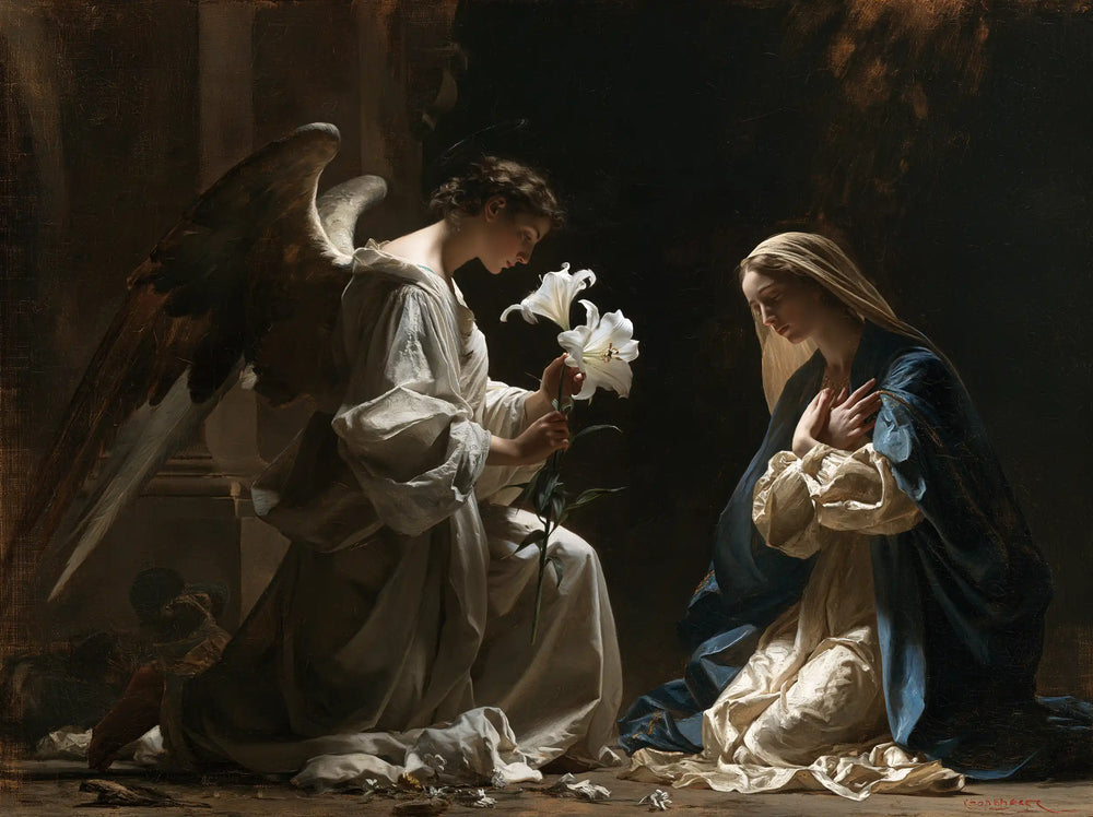 the Annunciation with the white lily as a central symbol in The White Lily as Symbol style, landscape Christian artwork no. 6