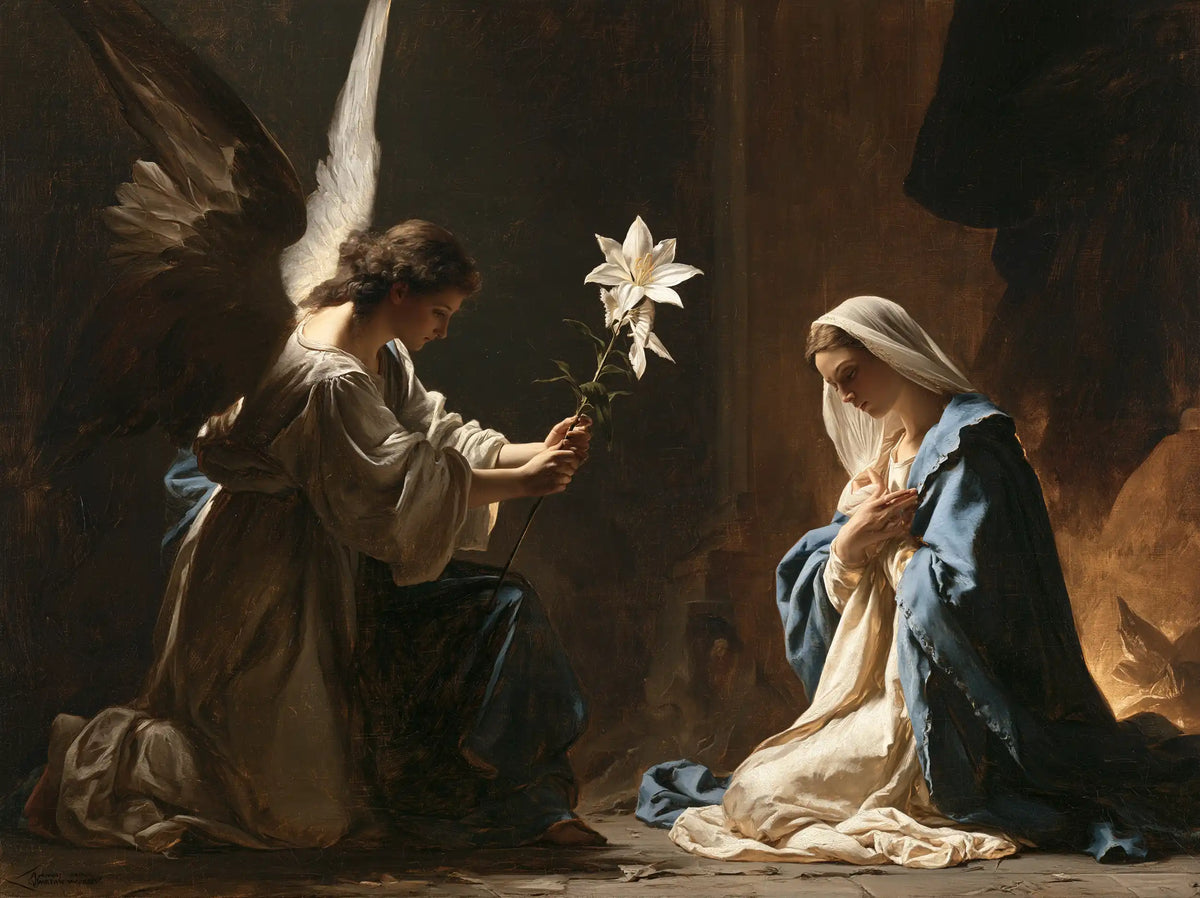 the Annunciation with the white lily as a central symbol in The White Lily as Symbol style, landscape Christian artwork no. 8