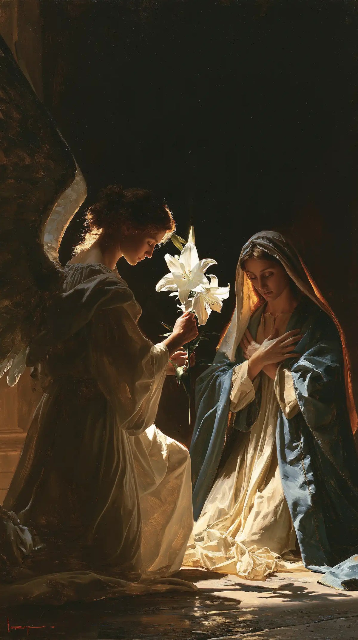 the Annunciation with the white lily as a central symbol in The White Lily as Symbol style, portrait Christian artwork no. 1