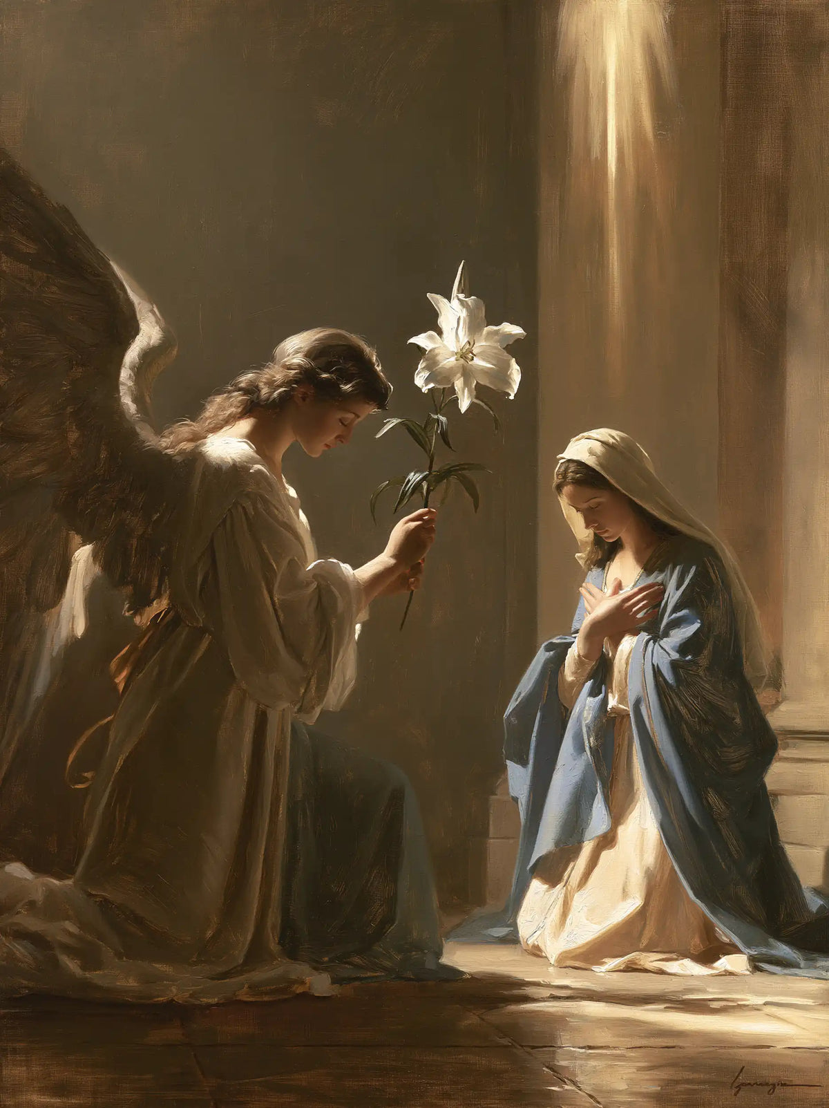 the Annunciation with the white lily as a central symbol in The White Lily as Symbol style, portrait Christian artwork no. 17
