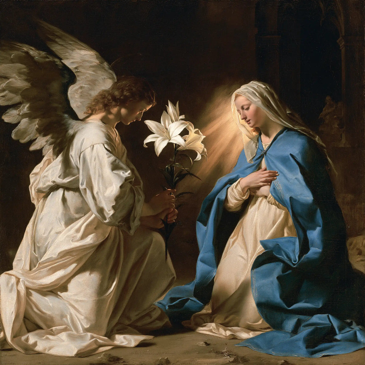 the Annunciation with the white lily as a central symbol in The White Lily as Symbol style, square Christian artwork no. 5