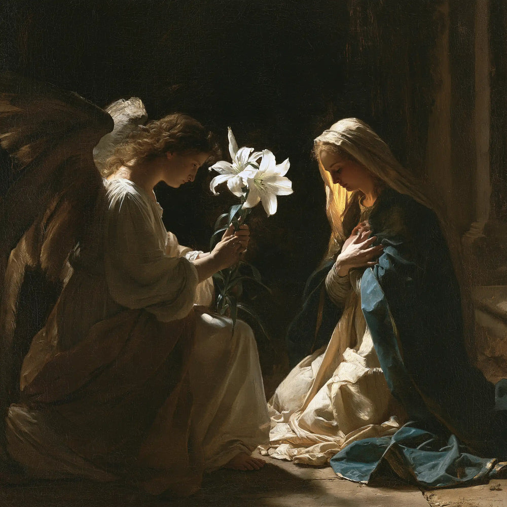 the Annunciation with the white lily as a central symbol in The White Lily as Symbol style, square Christian artwork no. 11