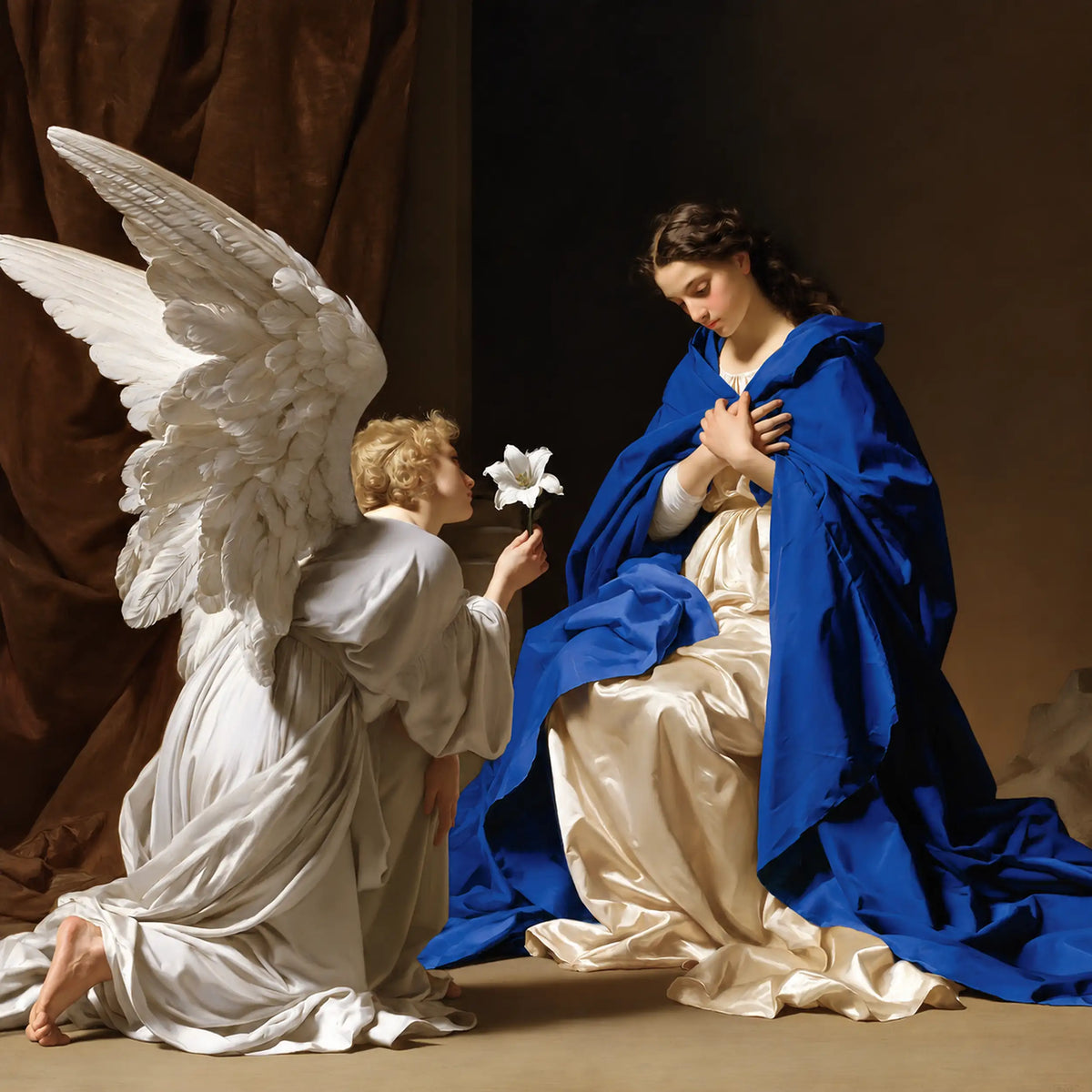 Annunciation beneath the Wing's Shadow – Caravaggio-Inspired Tenebrist Art · Square