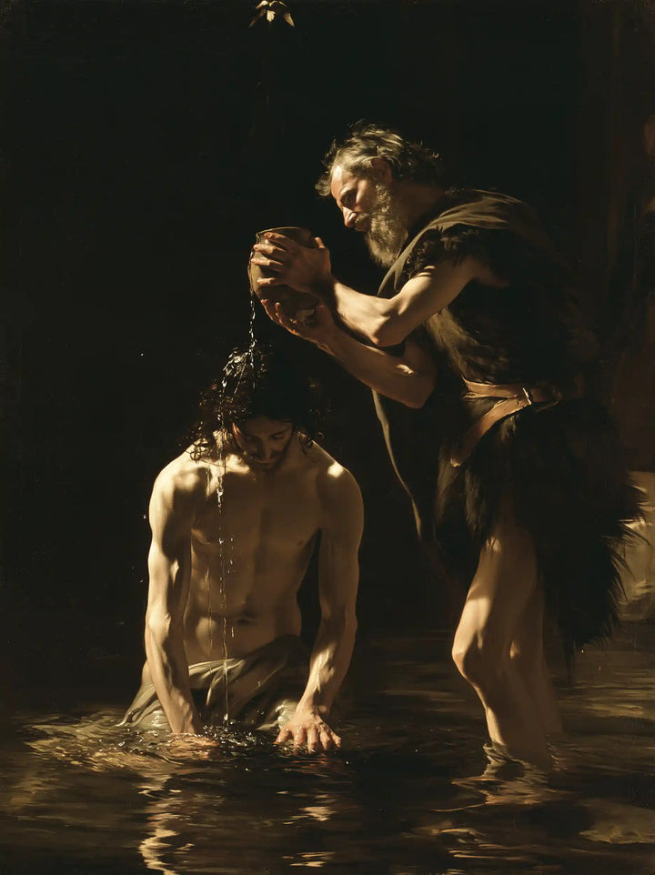 The Baptism of Jesus – Caravaggio Tenebrism · Kneeling in the Jordan · Portrait no. 4