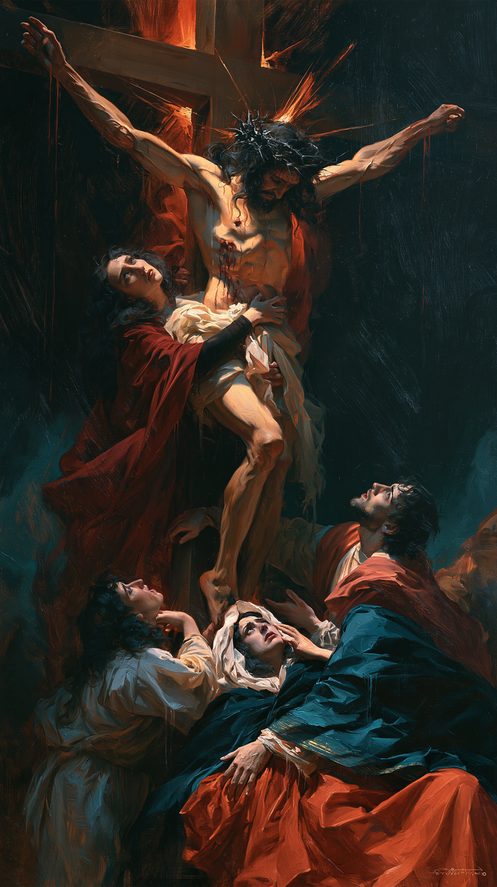 The Crucifixion — Folded Blue beneath Red Glimmers