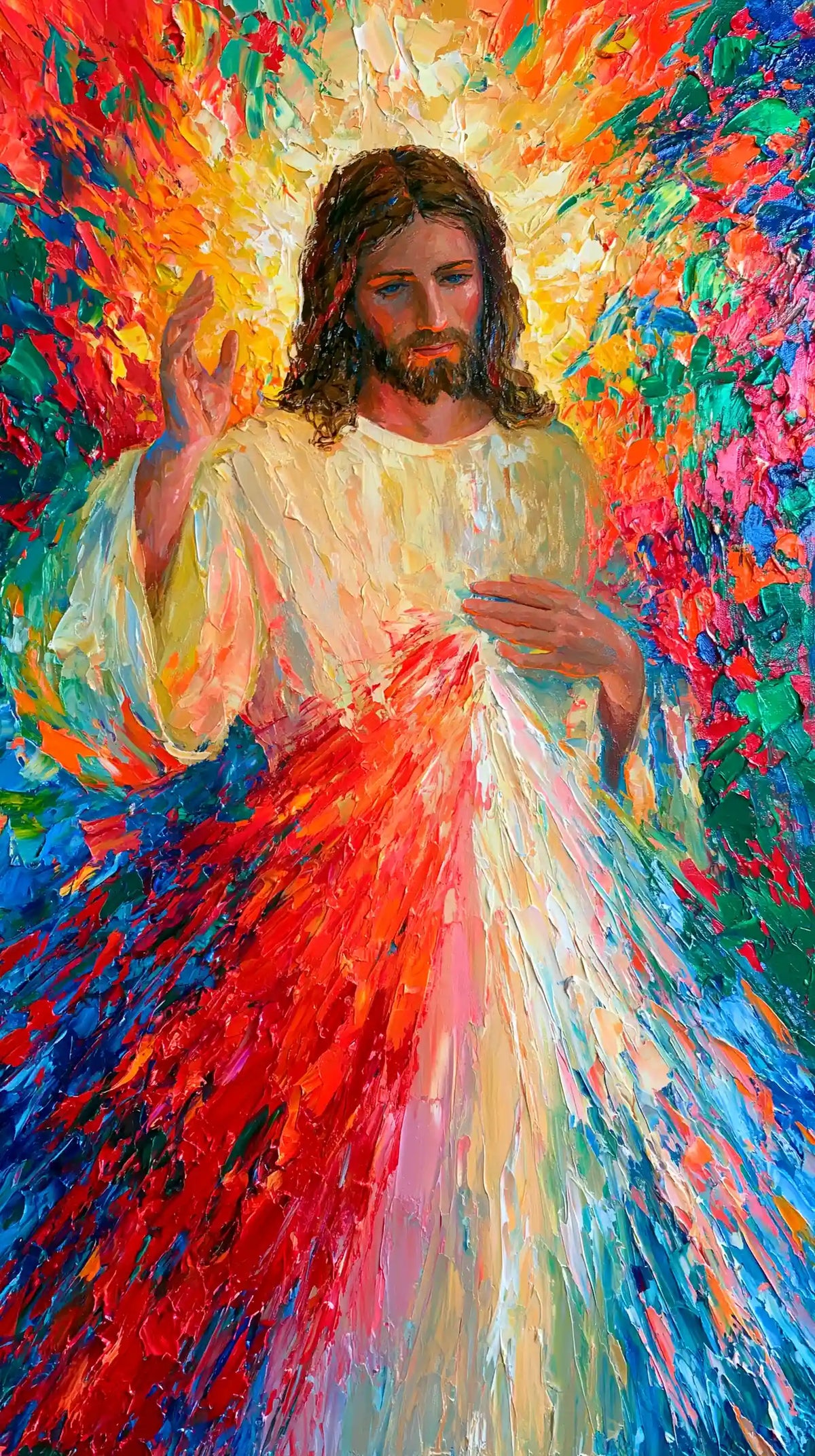 Jesus as Divine Mercy with red and pale rays, colour expressionism portrait Christian artwork