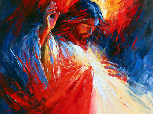 Jesus as Divine Mercy with red and pale rays, expressionist landscape Christian artwork