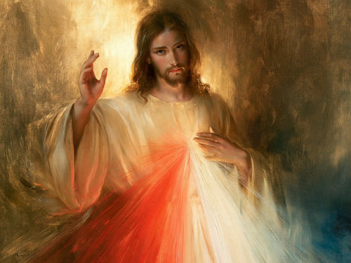 Divine Mercy Jesus raising his hand in blessing in Jesus Blessing style, landscape Christian artwork no. 2