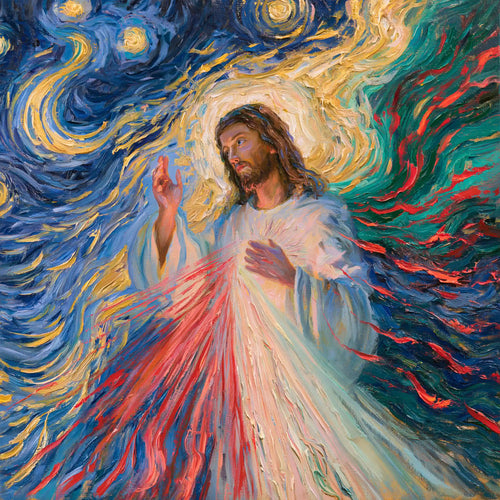 Jesus as Divine Mercy with red and pale rays, post-impressionist square Christian artwork