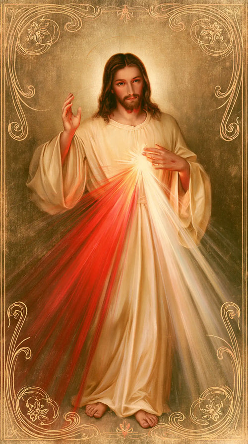 Divine Mercy Jesus framed by sacred Art Nouveau ornament in Sacred Art Nouveau style, portrait Christian artwork no. 7