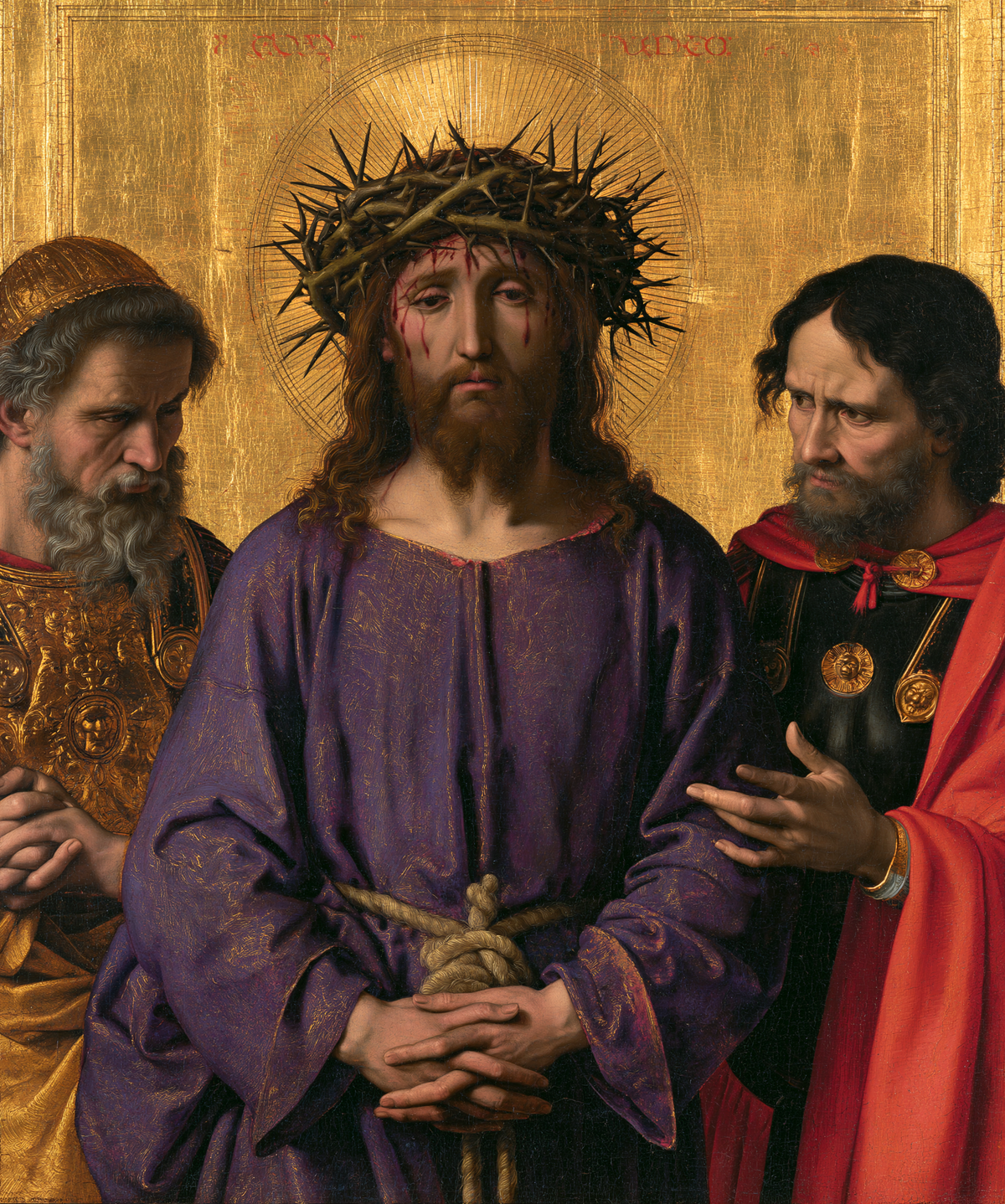 Ecce Homo — Clasped Fingers Before the Scarlet Cloak