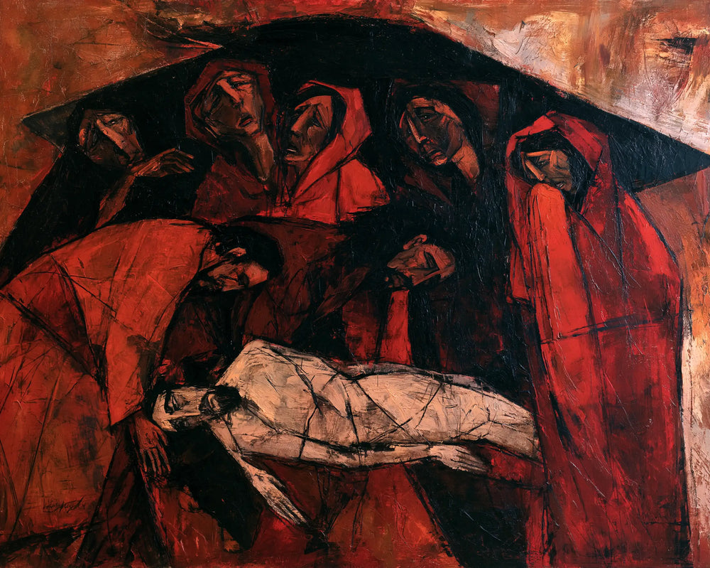 Entombment of Jesus Christ in Expressionist style, landscape Christian artwork no. 3