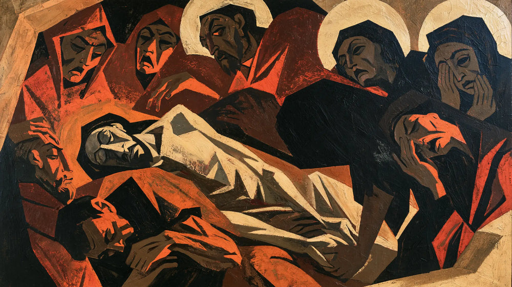 Entombment of Jesus Christ in Expressionist style, landscape Christian artwork no. 7