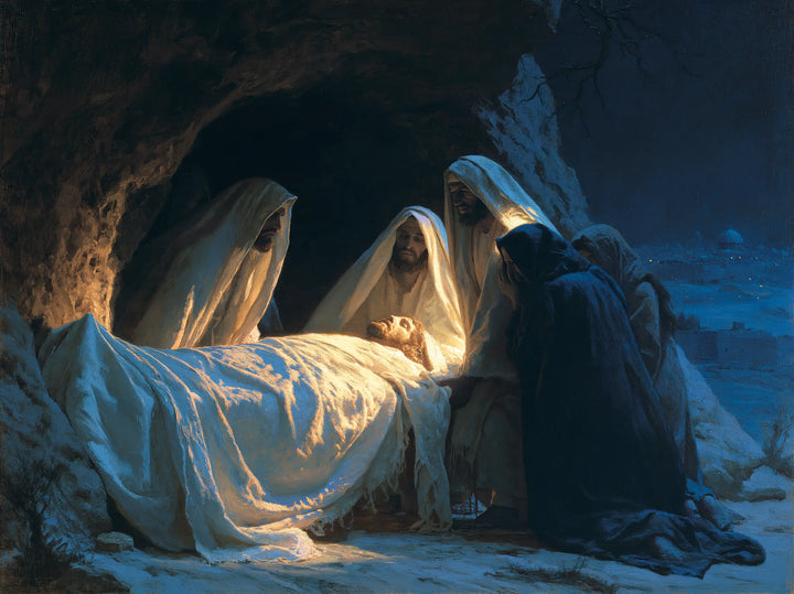 The Entombment of Jesus Christ — Ivory Veils in Deep Blue