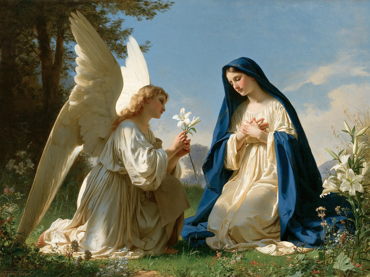 The Garden Annunciation in Open Light – Bouguereau-Inspired Academic Art · Landscape