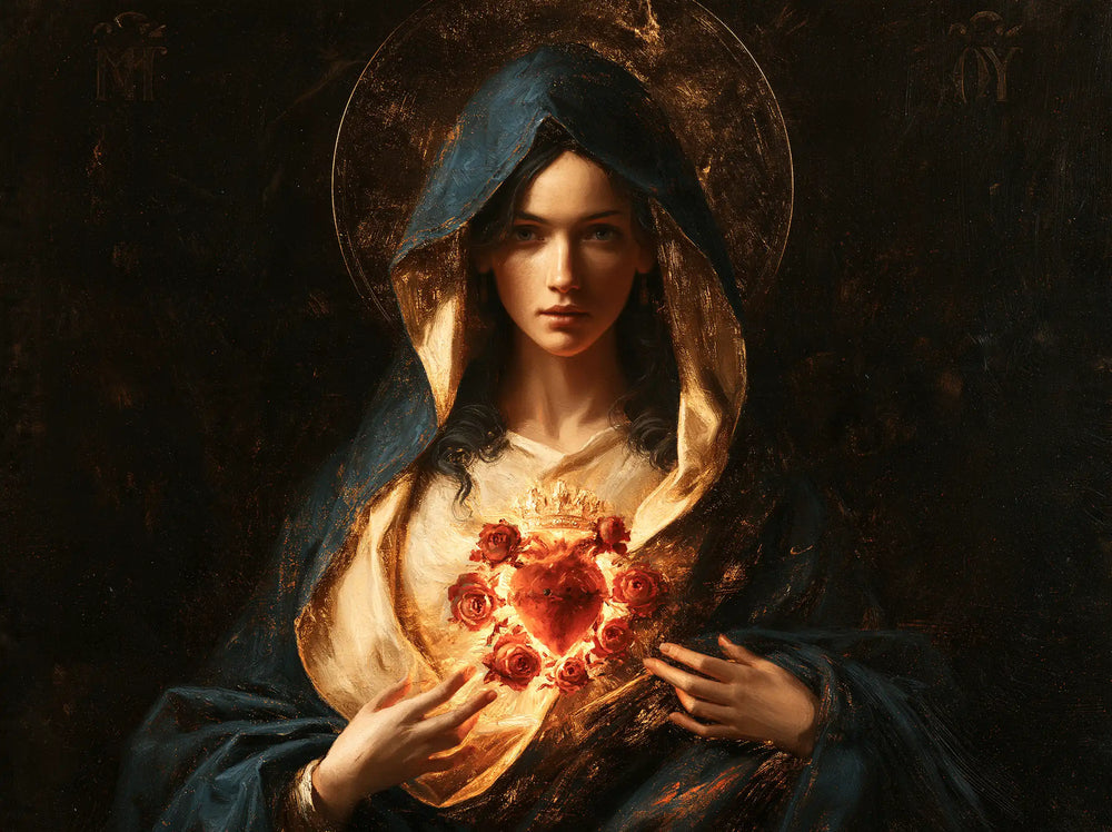 the Immaculate Heart of Mary in black and gold in Black and Gold style, landscape Christian artwork no. 3