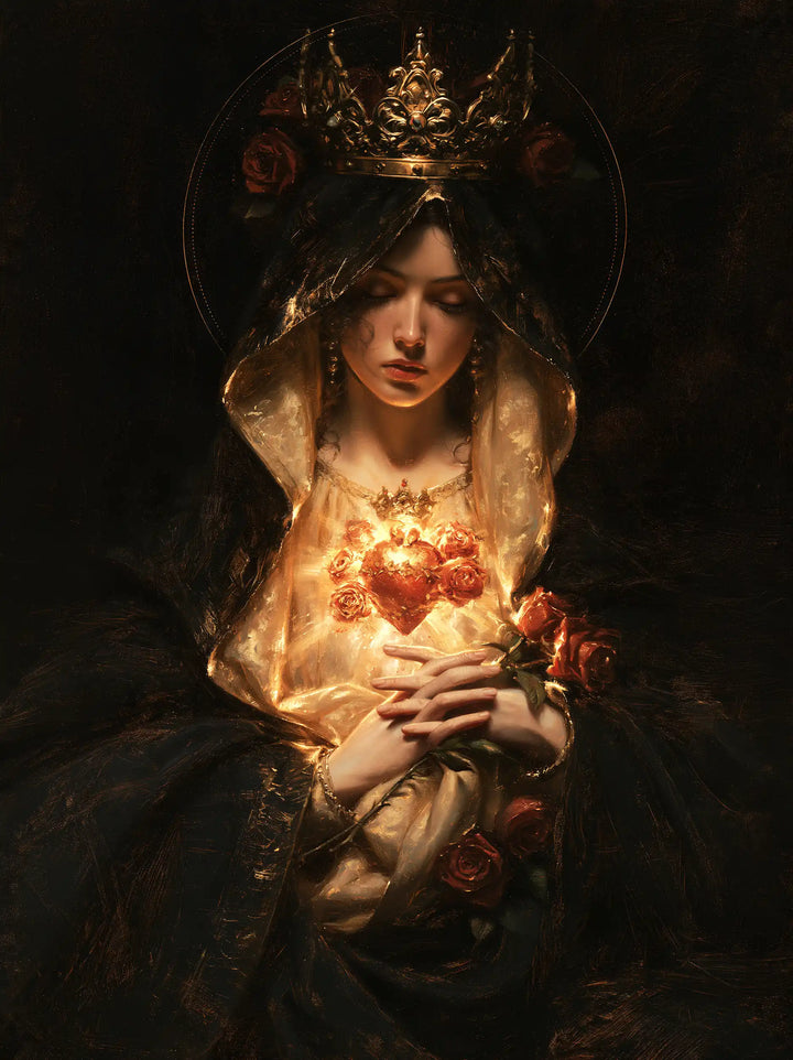 The Immaculate Heart of Mary — Roses Held Close to the Light