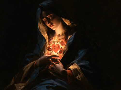 the Immaculate Heart of Mary in dramatic chiaroscuro in Caravaggio Tenebrism style, landscape Christian artwork no. 21