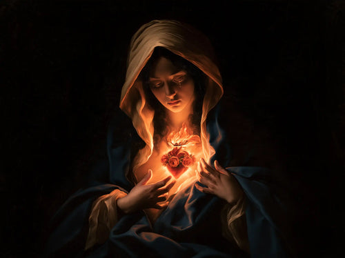 the Immaculate Heart of Mary in dramatic chiaroscuro in Caravaggio Tenebrism style, landscape Christian artwork no. 22