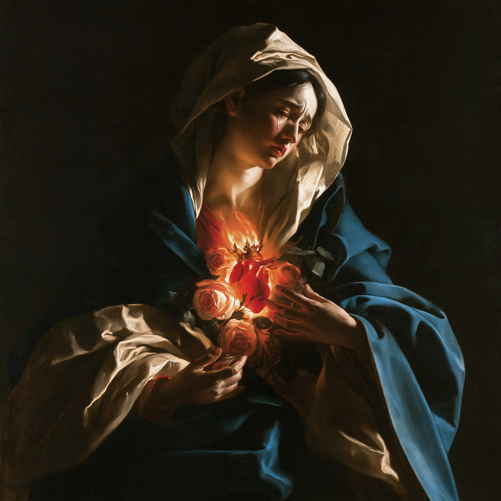 the Immaculate Heart of Mary in dramatic chiaroscuro in Caravaggio Tenebrism style, square Christian artwork no. 1