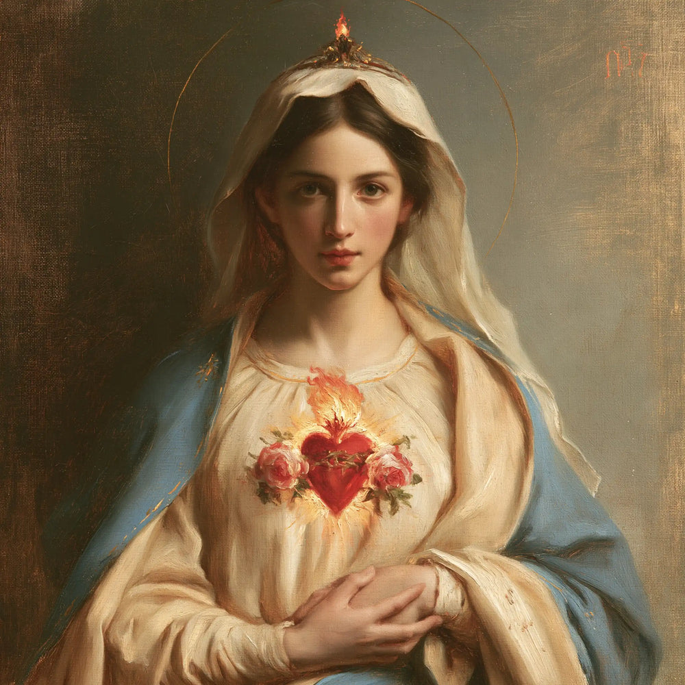 Mary with the Immaculate Heart as the central symbol in The Heart as Central Symbol style, square Christian artwork no. 6