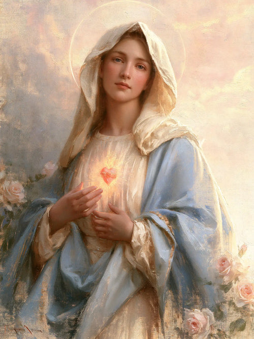 the Immaculate Heart of Mary at dawn in The Immaculate Heart at Dawn style, portrait Christian artwork no. 15