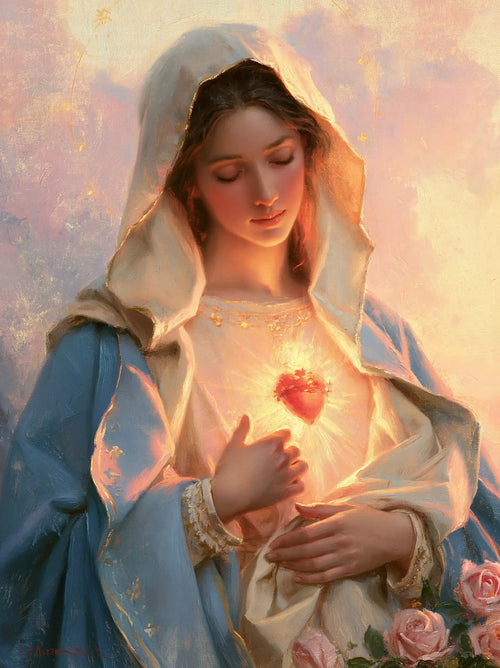 the Immaculate Heart of Mary at dawn in The Immaculate Heart at Dawn style, portrait Christian artwork no. 16