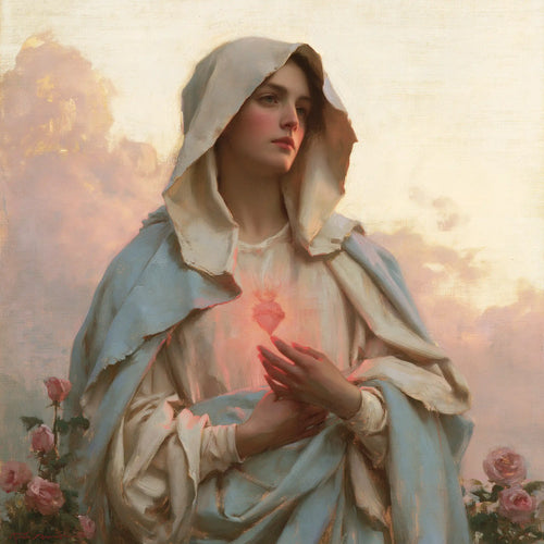the Immaculate Heart of Mary at dawn in The Immaculate Heart at Dawn style, square Christian artwork no. 2